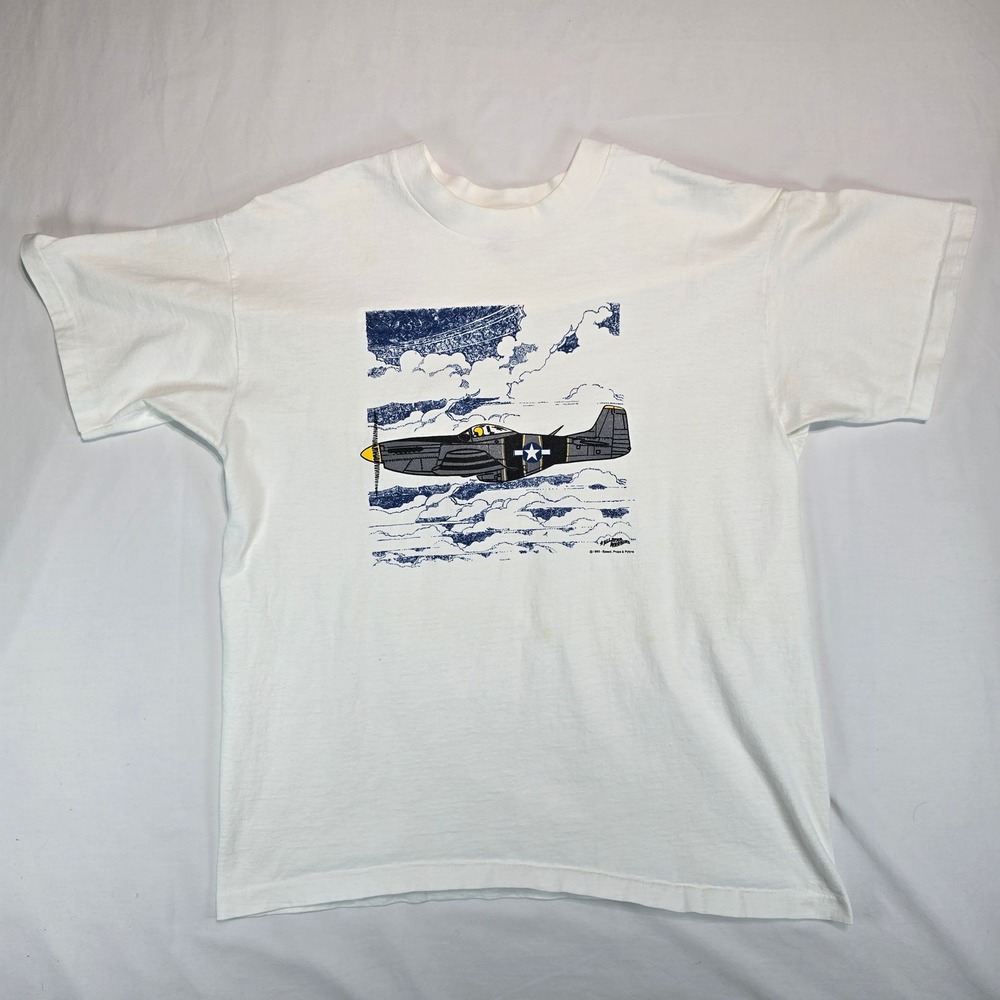 Vintage 1993 All Star Warbird P-51 Mustang Airplane T-Shirt Anvil USA White L